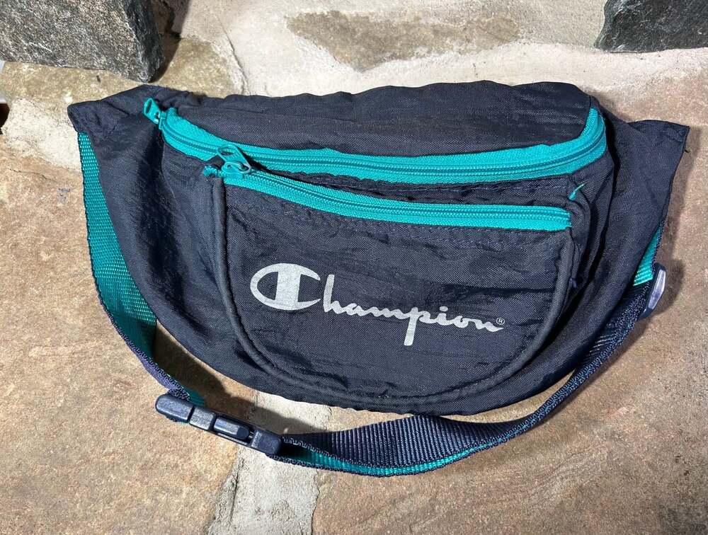 Vintage Champion Nylon Dark Navy Blue Green Fanny Pack